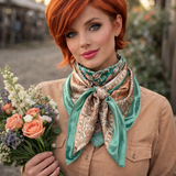 35X35" Teal, Brown and Tan Floral Wild Rag / Scarf