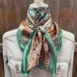 35X35" Teal, Brown and Tan Floral Wild Rag / Scarf